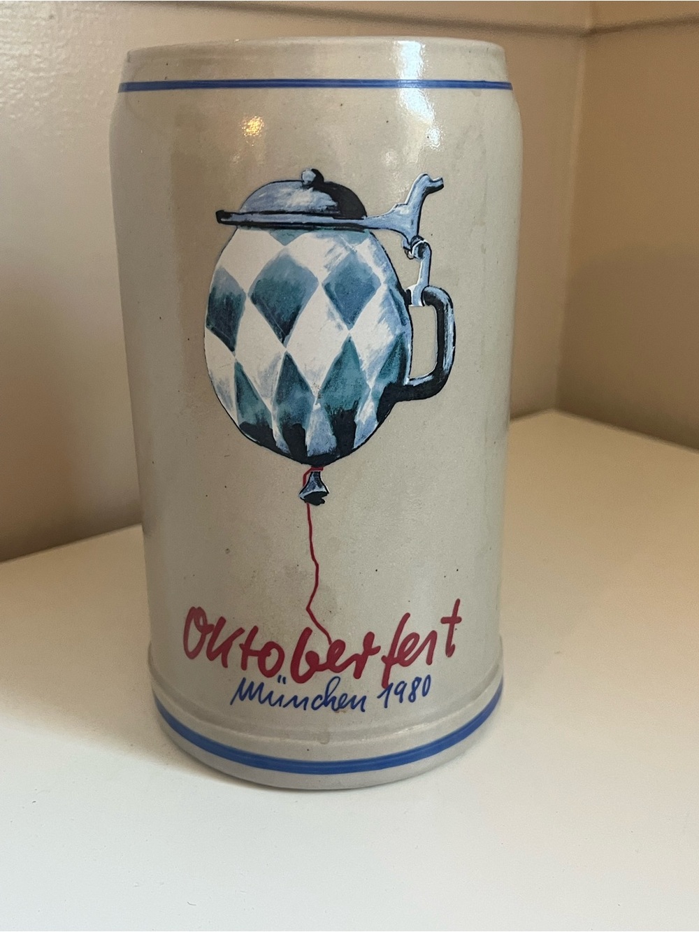 Vintage Oktoberfest München 1980 Ceramic Stein - Blue and Cream